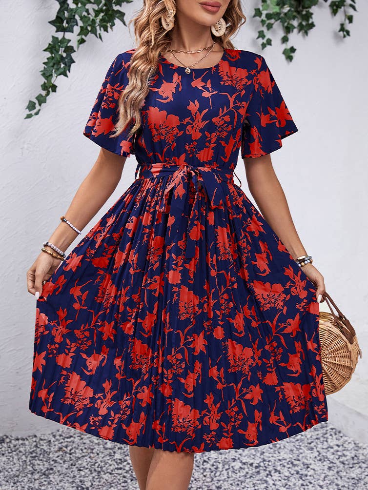 SUMMER CREW-NECK SHORT-SLEEVED PRINTED DRESS