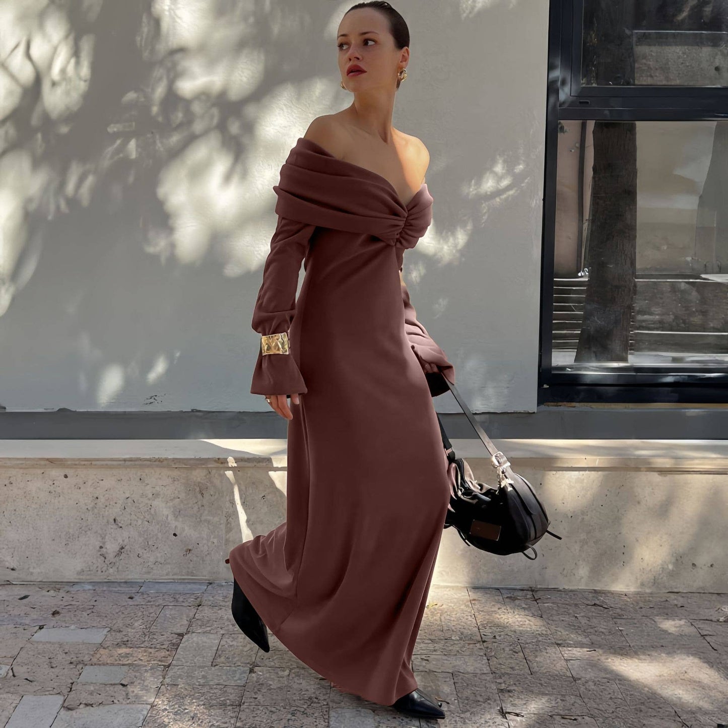 SLIM COFFEE COLOR TEMPERAMENT DESIGN SENSE DRESS