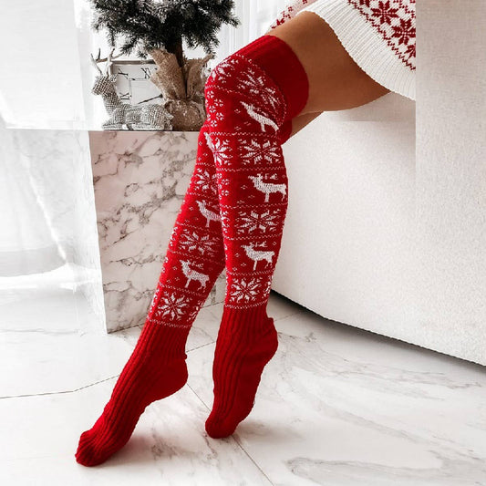 CHRISTMAS ELK SNOWFLAKE LONG KNEE-HIGH SOCKS