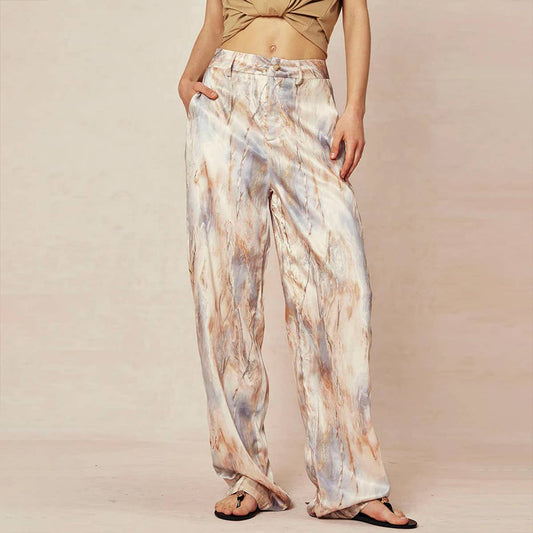 Retro printed wide-leg straight-leg pants