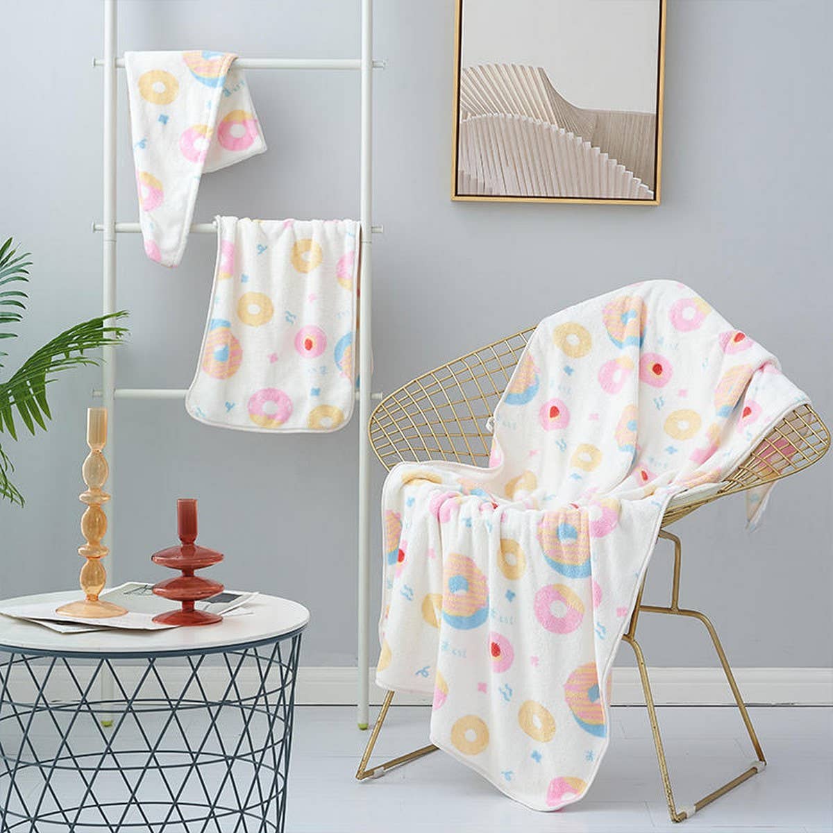 CORAL FLEECE PRINTED SHOWER CAP TOWEL BATH TOWEL