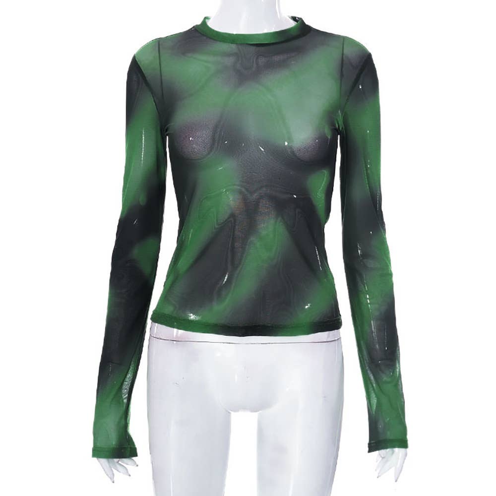 Gradient Tie-Dye Mesh Print Long-Sleeved T-Shirt
