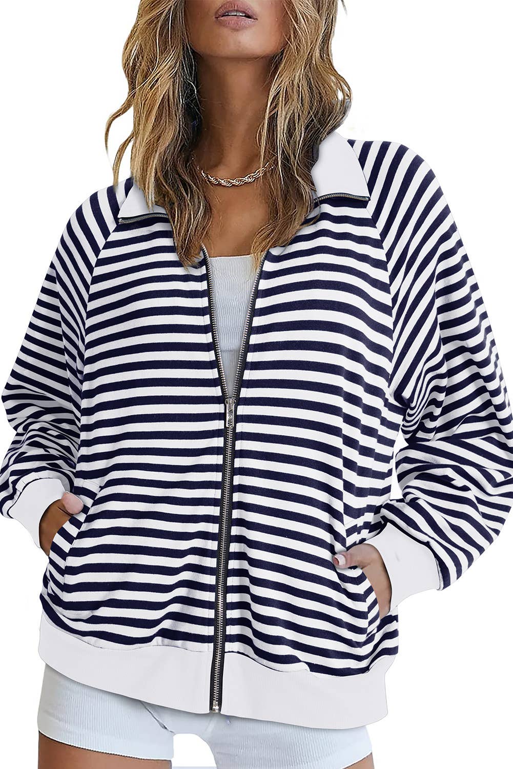 Striped lapel color-blocking zipper cardigan