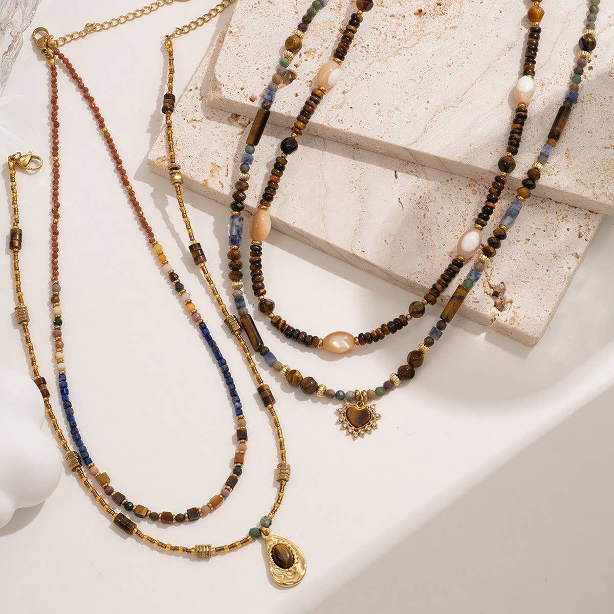 Tiger Eye Heart Pendant Beaded Necklace