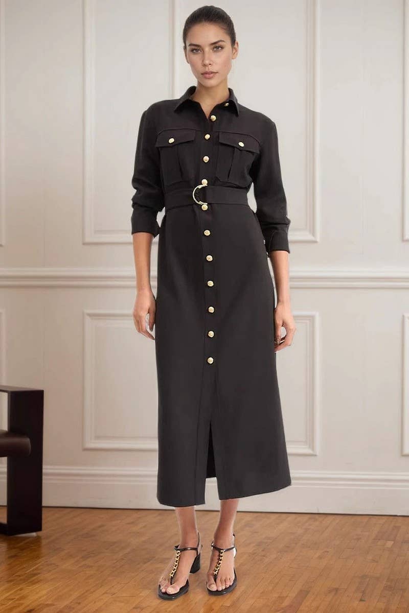 CWDMD6328_SINGLE-BREASTED METAL BUTTONED WORK SHIRT DRESS