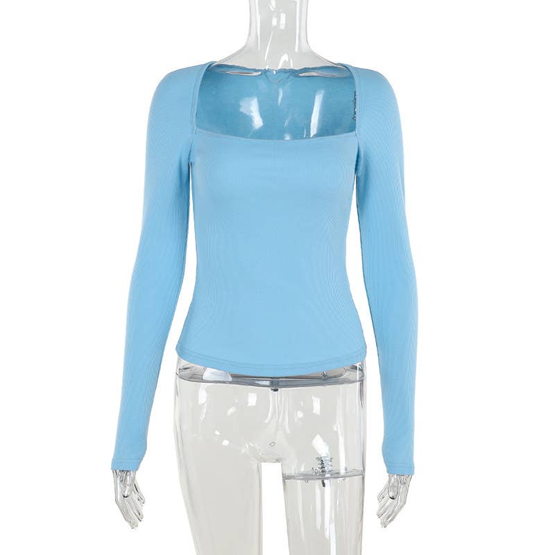 Simple slim vertical pattern knitted square collar top