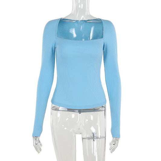 Simple slim vertical pattern knitted square collar top