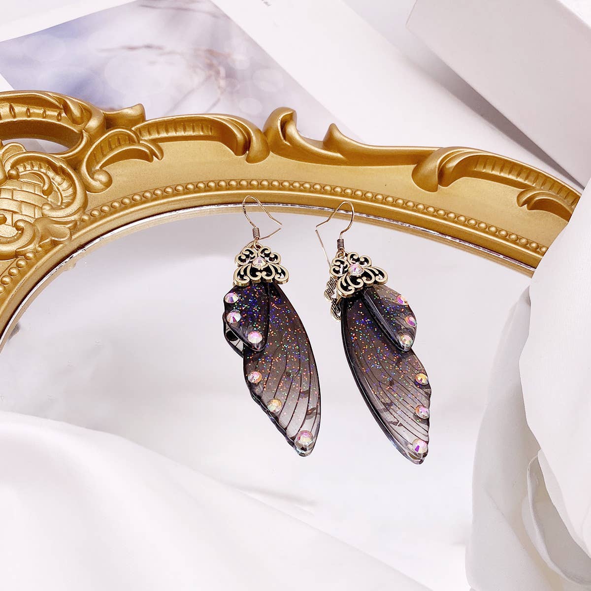 Elegant long earrings with cicada wing wings