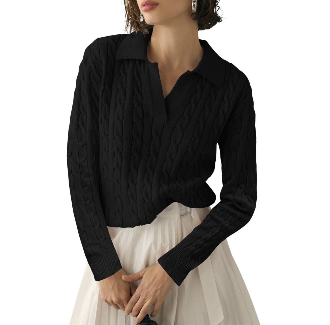 LAPEL V-NECK FLORAL KNIT PULLOVER CASUAL SWEATER