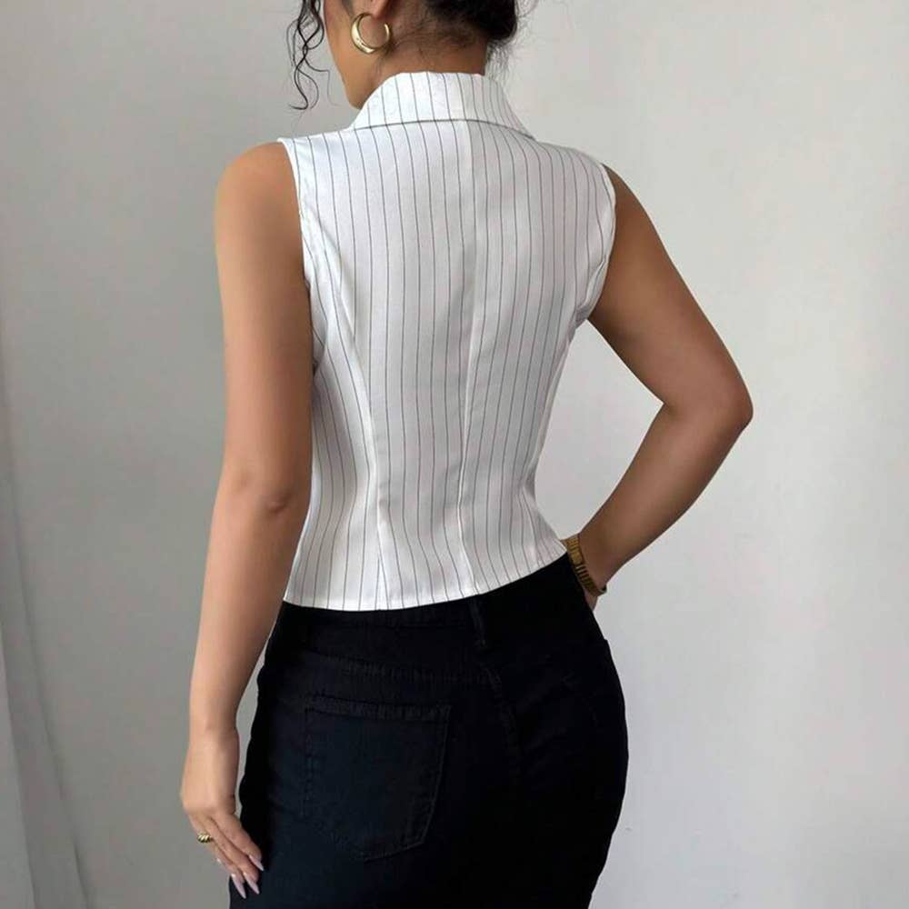 Sleeveless, form-fitting, navel exposed V shirt