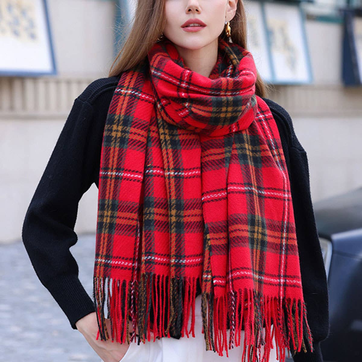 Plaid Winter Scarf for Women ??Soft Tassel Shawl_CWASC0224