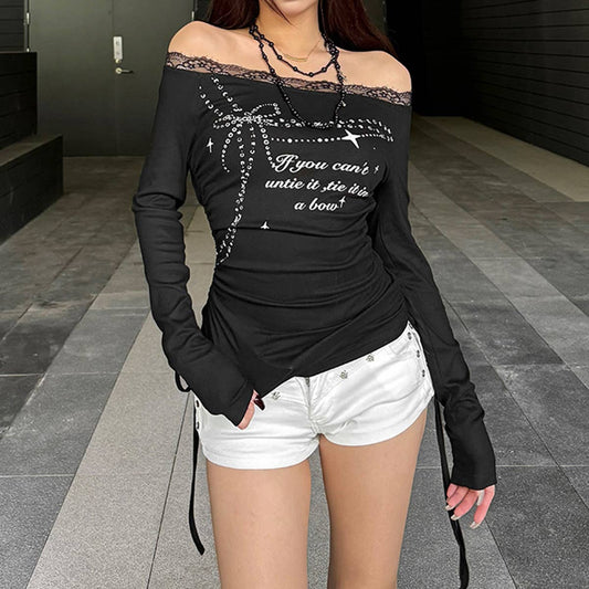 FASHION LACE LETTER-PRINTED LONG SLEEVE TOP