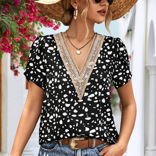 LEOPARD PRINT SHIRT WITH V-NECK LACE