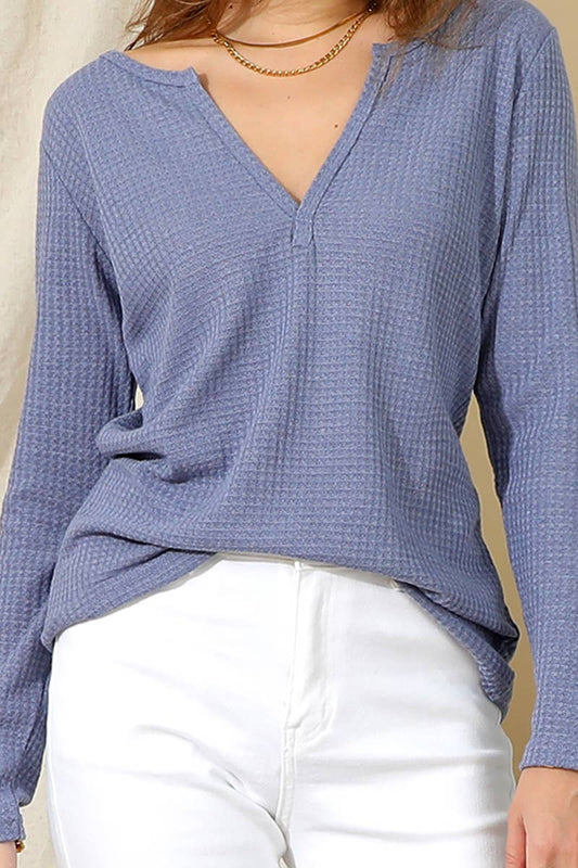 SOLID COLOR LONG SLEEVED V NECK T SHIRT_CWTTL1440