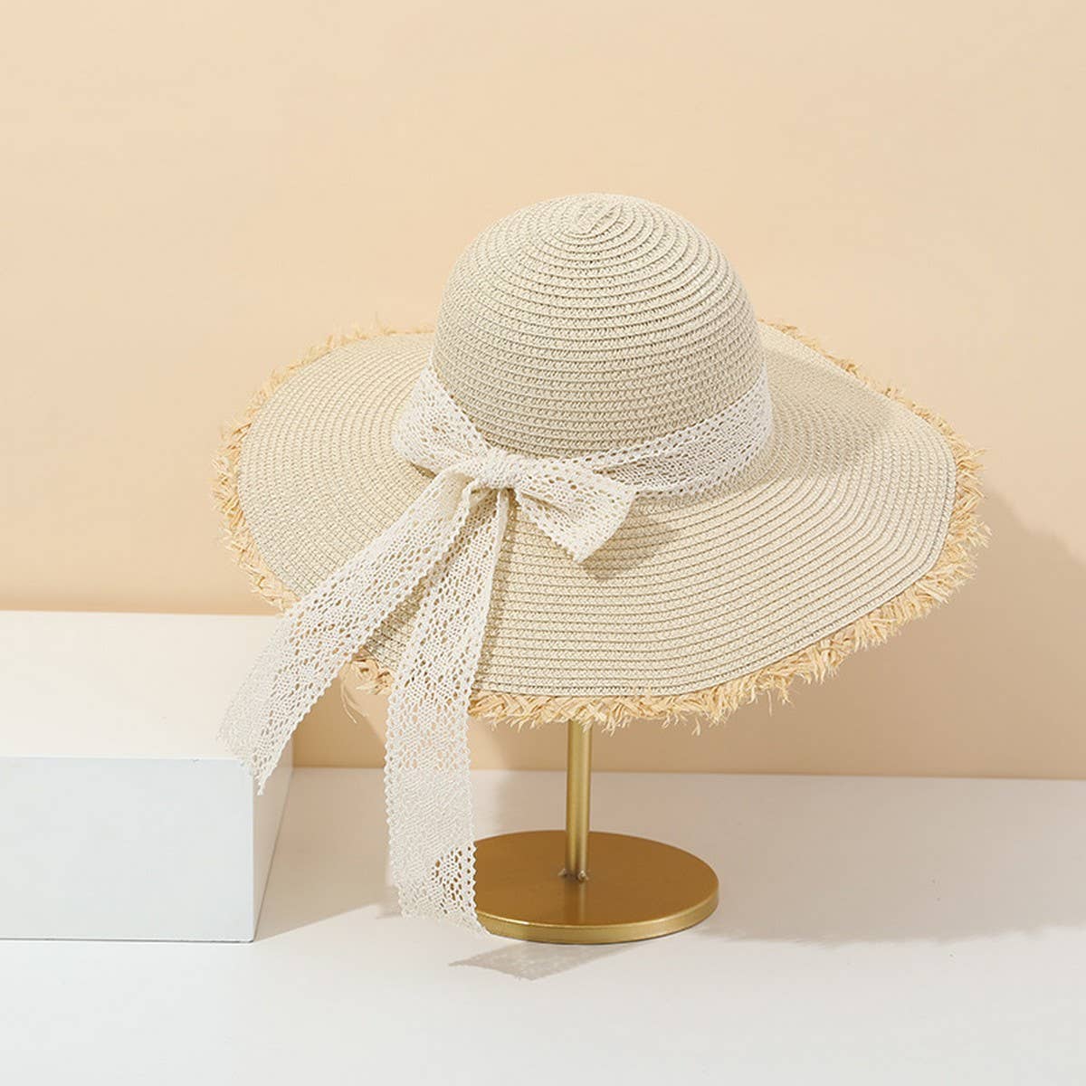 Summer Fashion Bow Ribbon Wide Brim Straw Hat_CWAH3473