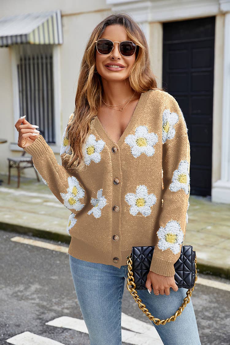 THREE-DIMENSIONAL FLOWER V-NECK CARDIGAN