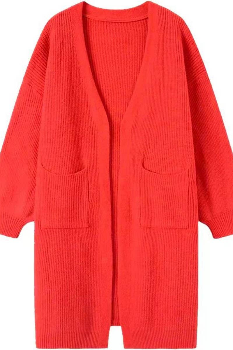 WOCAL00833_SOLID COLOR POCKET CARDIGAN LONG SWEATER JACKET