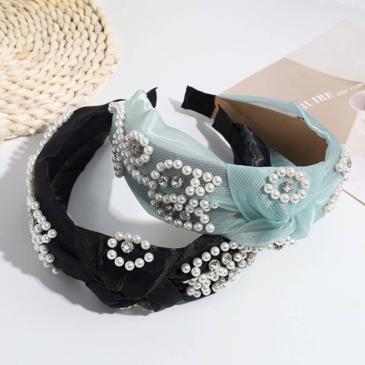 WIDE KNOTTED HEADBAND MESH PEARL HEADBAND