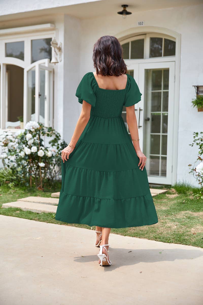 Square neck backless puffy sleeve pleated dress