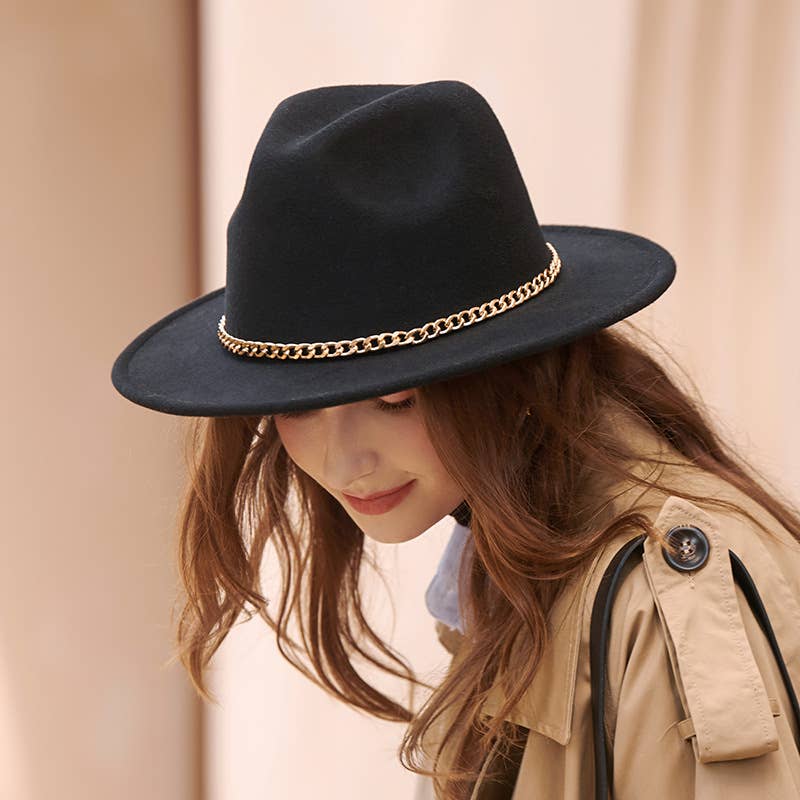 WOMEN CHAIN WIDE-BRIMMED FELT HAT FEDORA_CWAH0595