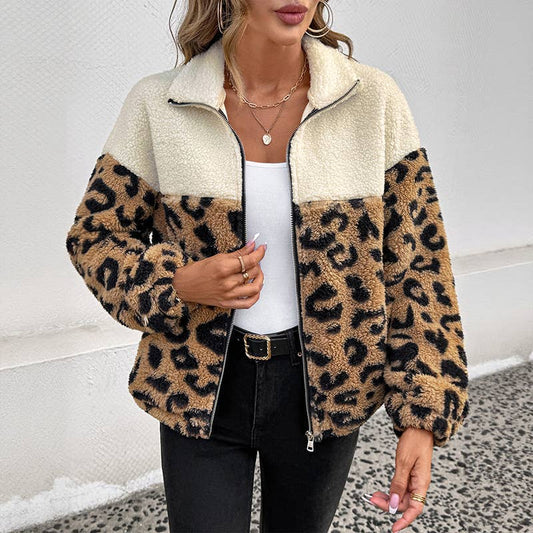 Leopard print color-blocked polar fleece coat