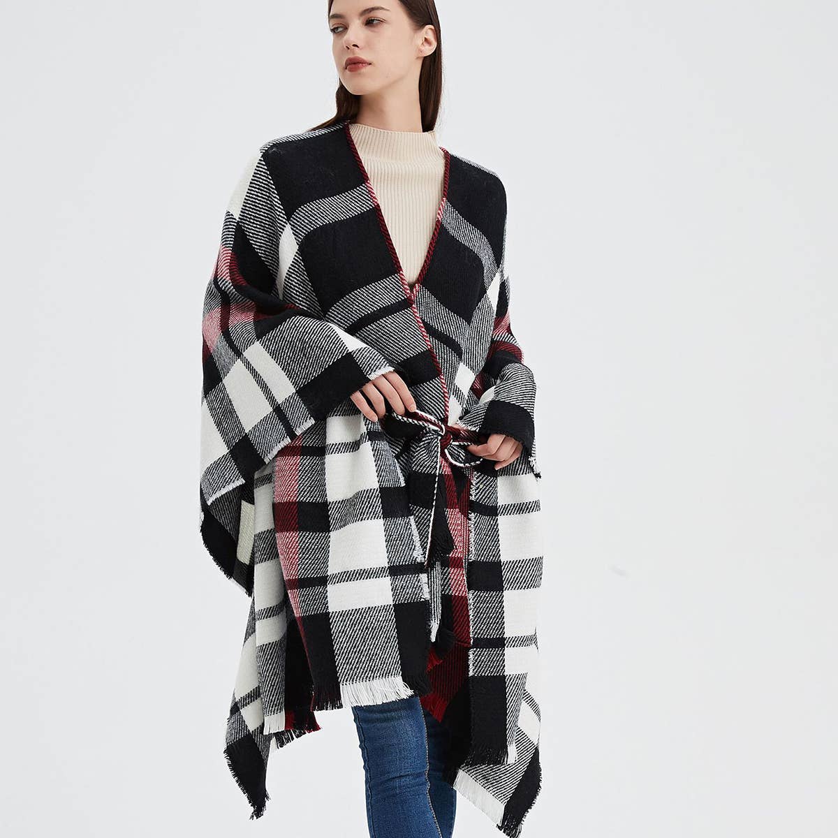 GEOMETRIC BLACK AND RED SHAWL WITH SPLIT HOOD