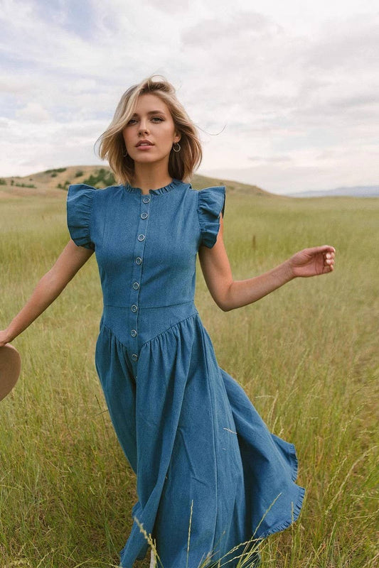 CWDMD6370_RUFFLED DENIM-LOOK BUTTON FRONT DRESS