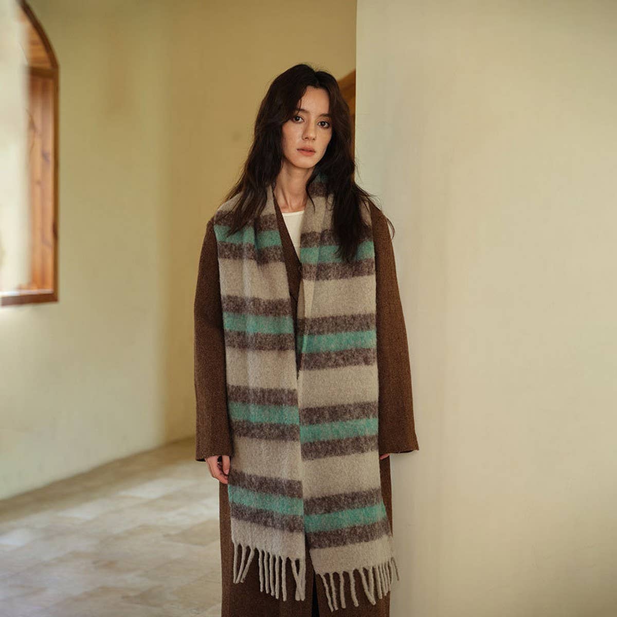 Wool Blend Stripe Scarf ??Soft Narrow Winter Wrap_CWASC2356