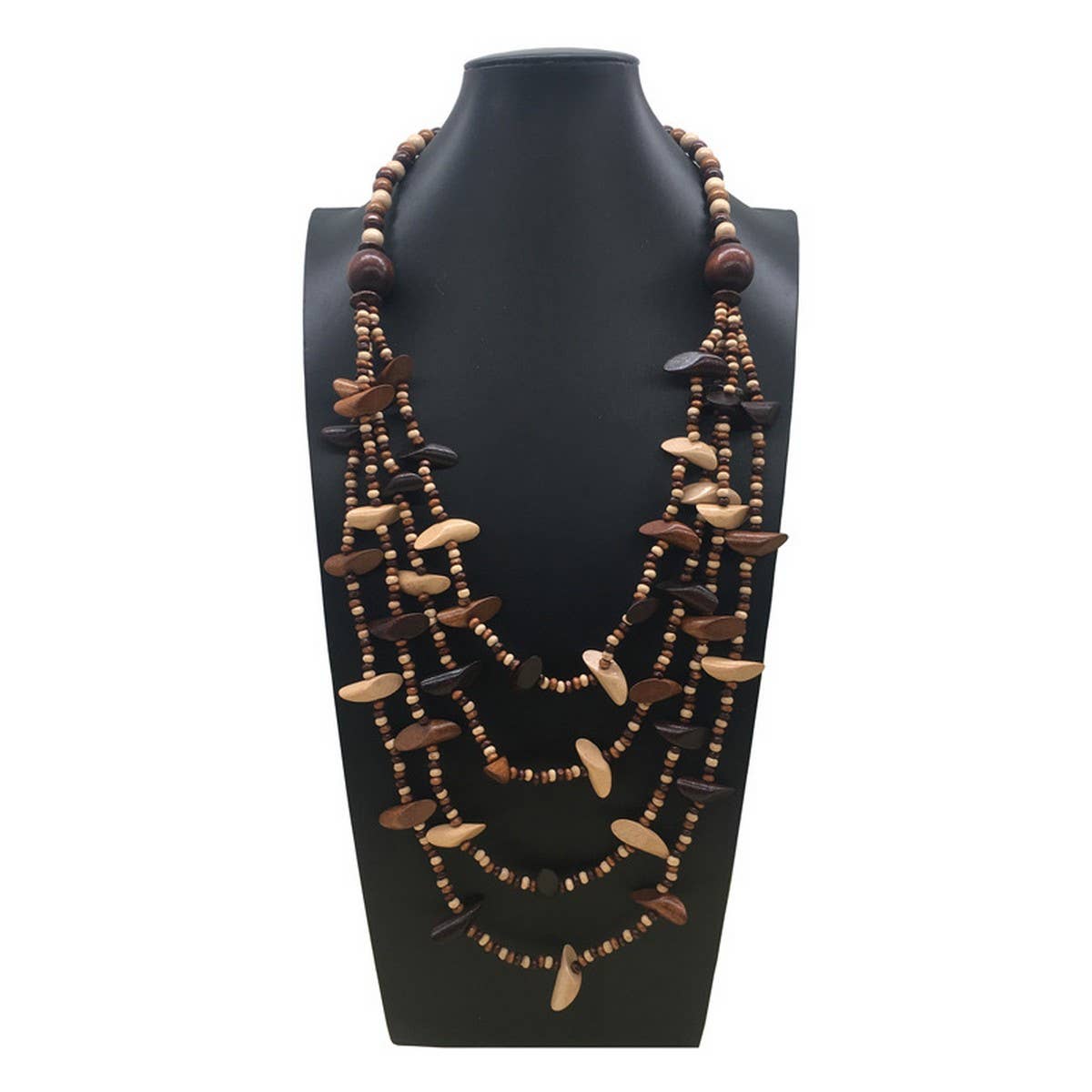 GEOMETRIC WOODEN BEADED LAYERED NECKLACE