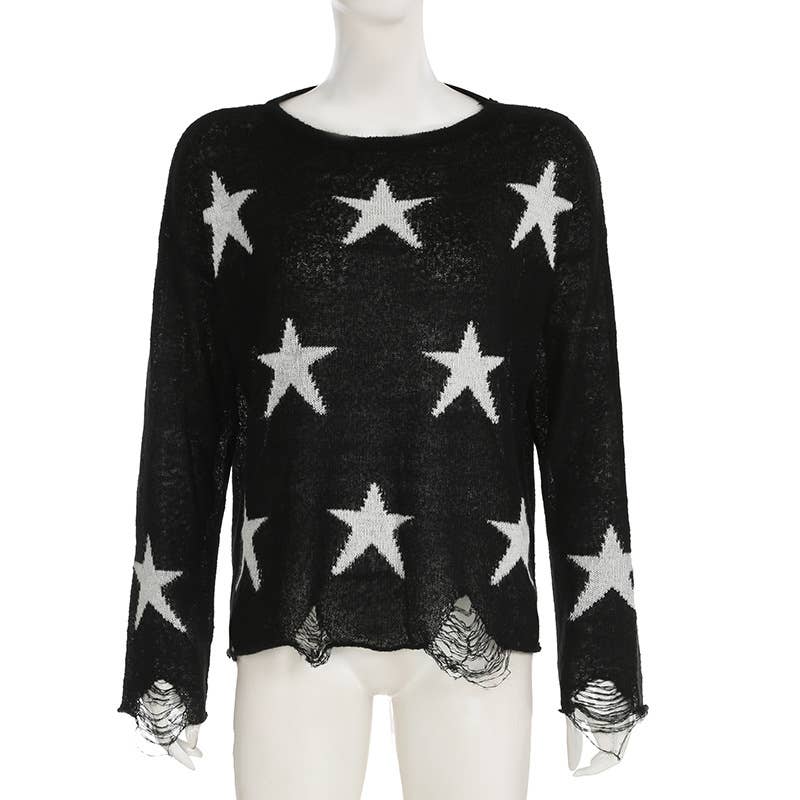 SLOUCHY CASUAL COLOR STAR PATCHWORK LOOSE SWEATER