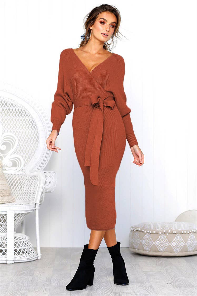 SEXY V-NECK LACE-UP LONG-SLEEVED DRESS