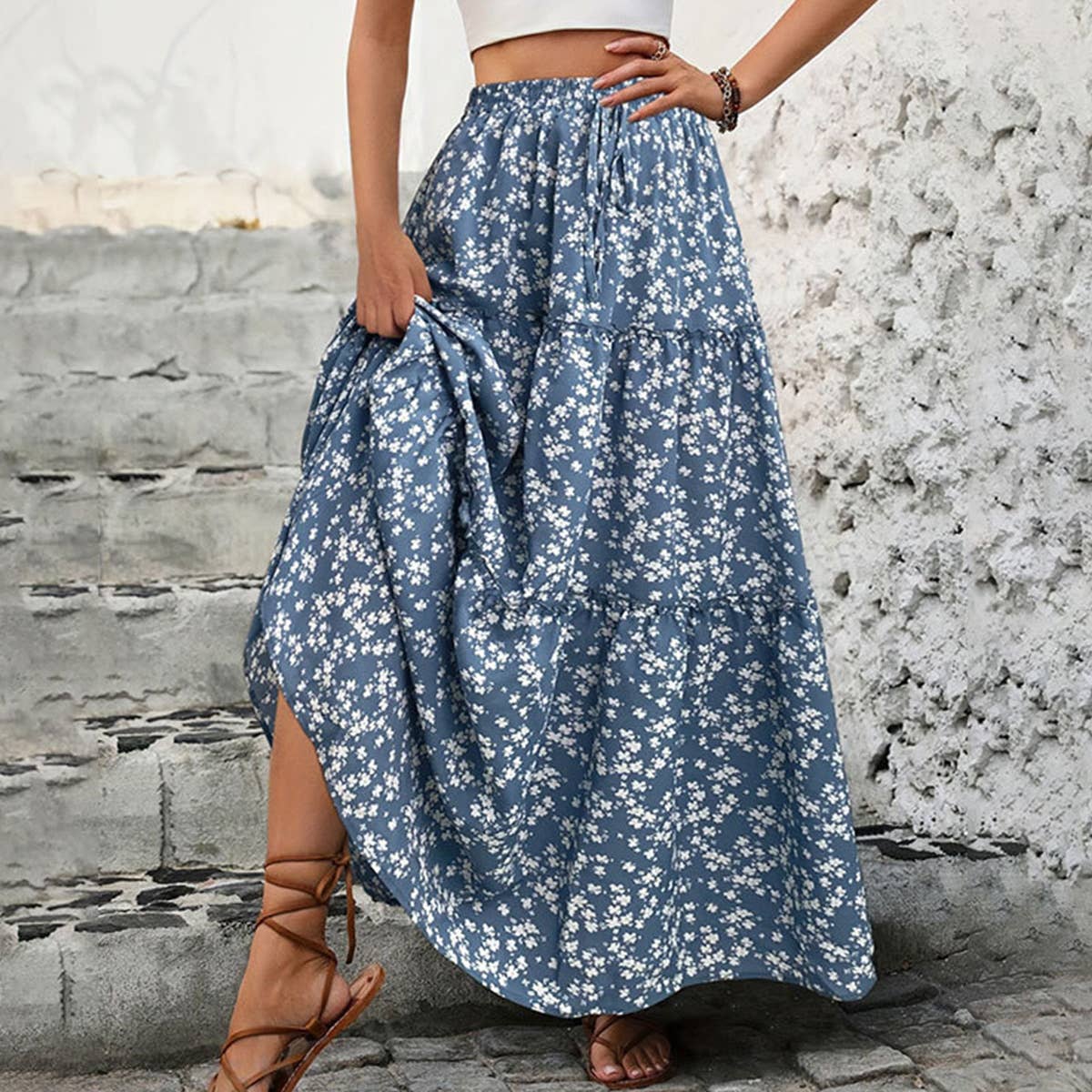 Small floral belt three-layer splicing long skirt