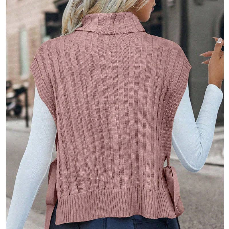 Solid-color high-neck sleeveless lace-up vest