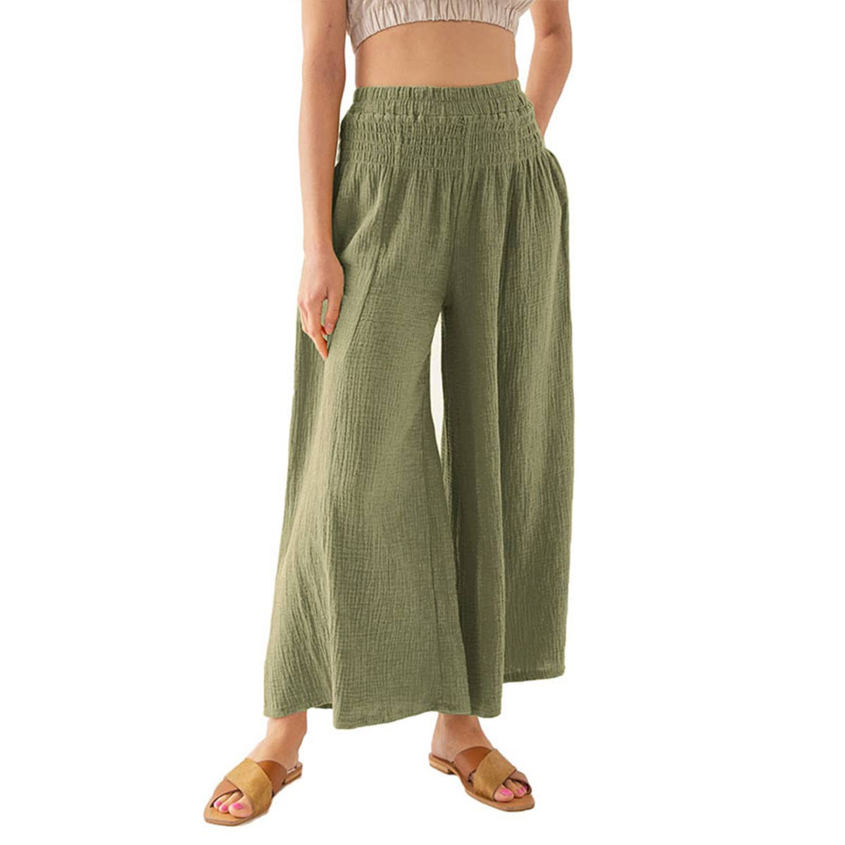 ELASTIC HIGH-WAISTED COTTON WIDE-LEG PANTS