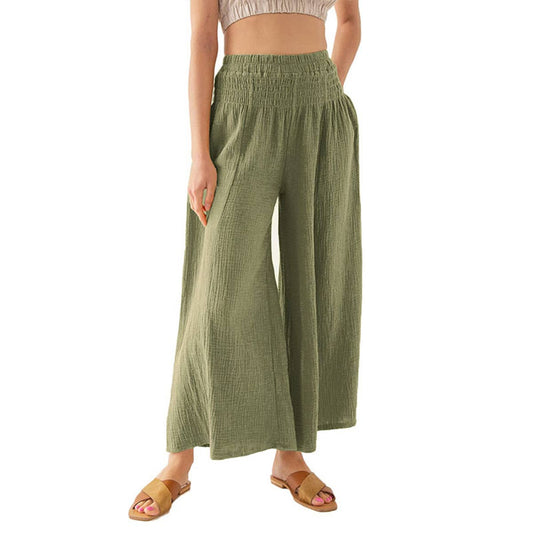 ELASTIC HIGH-WAISTED COTTON WIDE-LEG PANTS