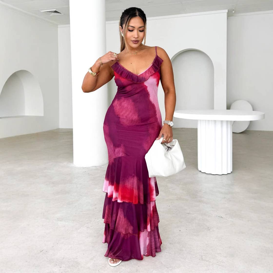 Drawstring lace long skirt skirt print dress