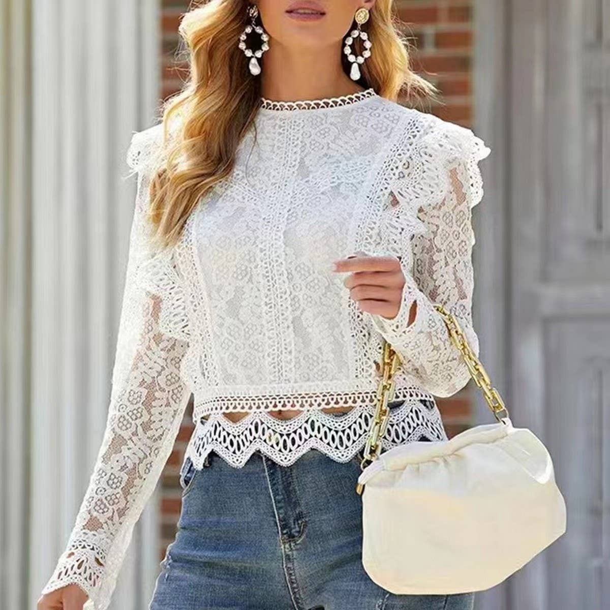 Solid color cutout lace crop long sleeve top