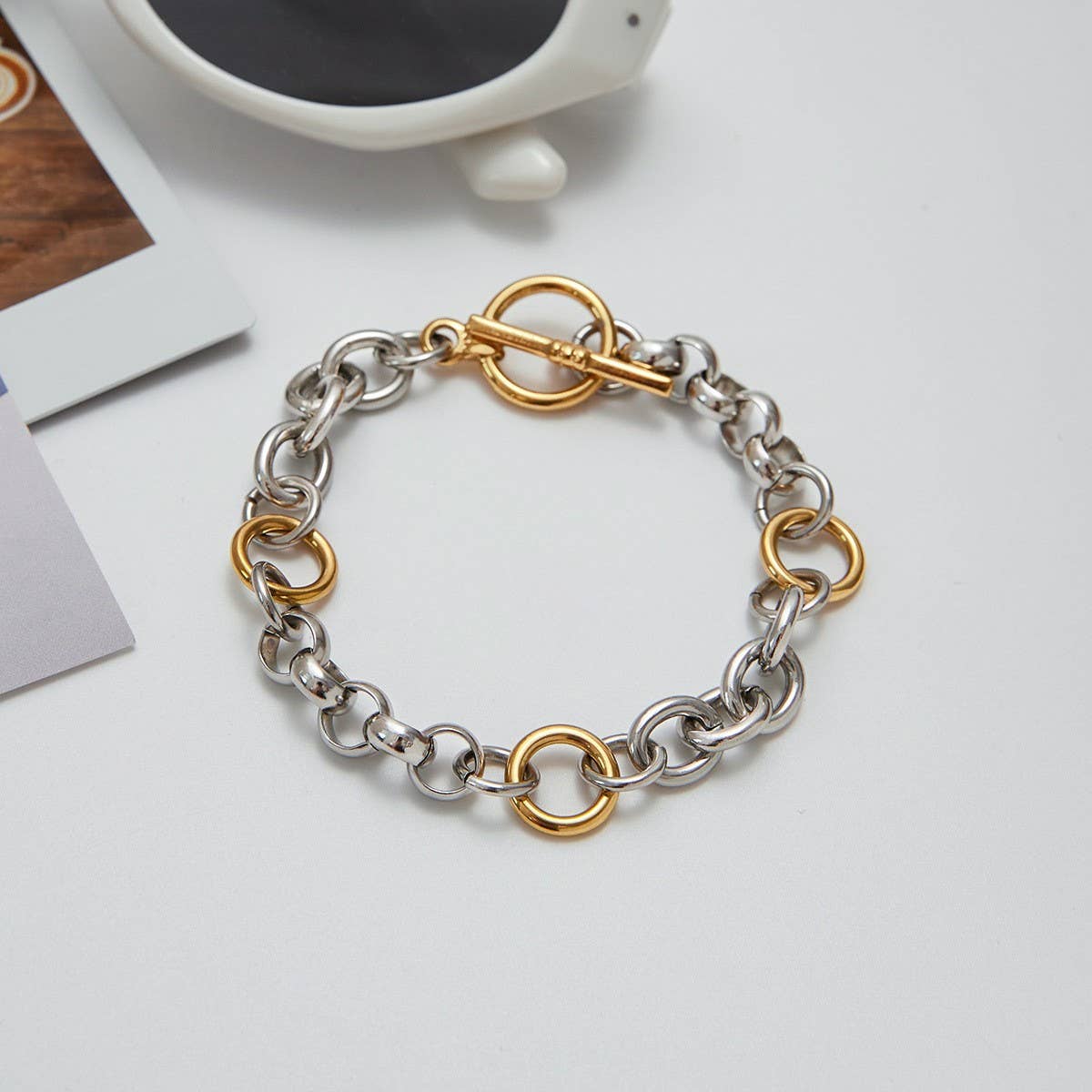 Luxury 18K Gold Wide Two-Tone Chain Bracelet