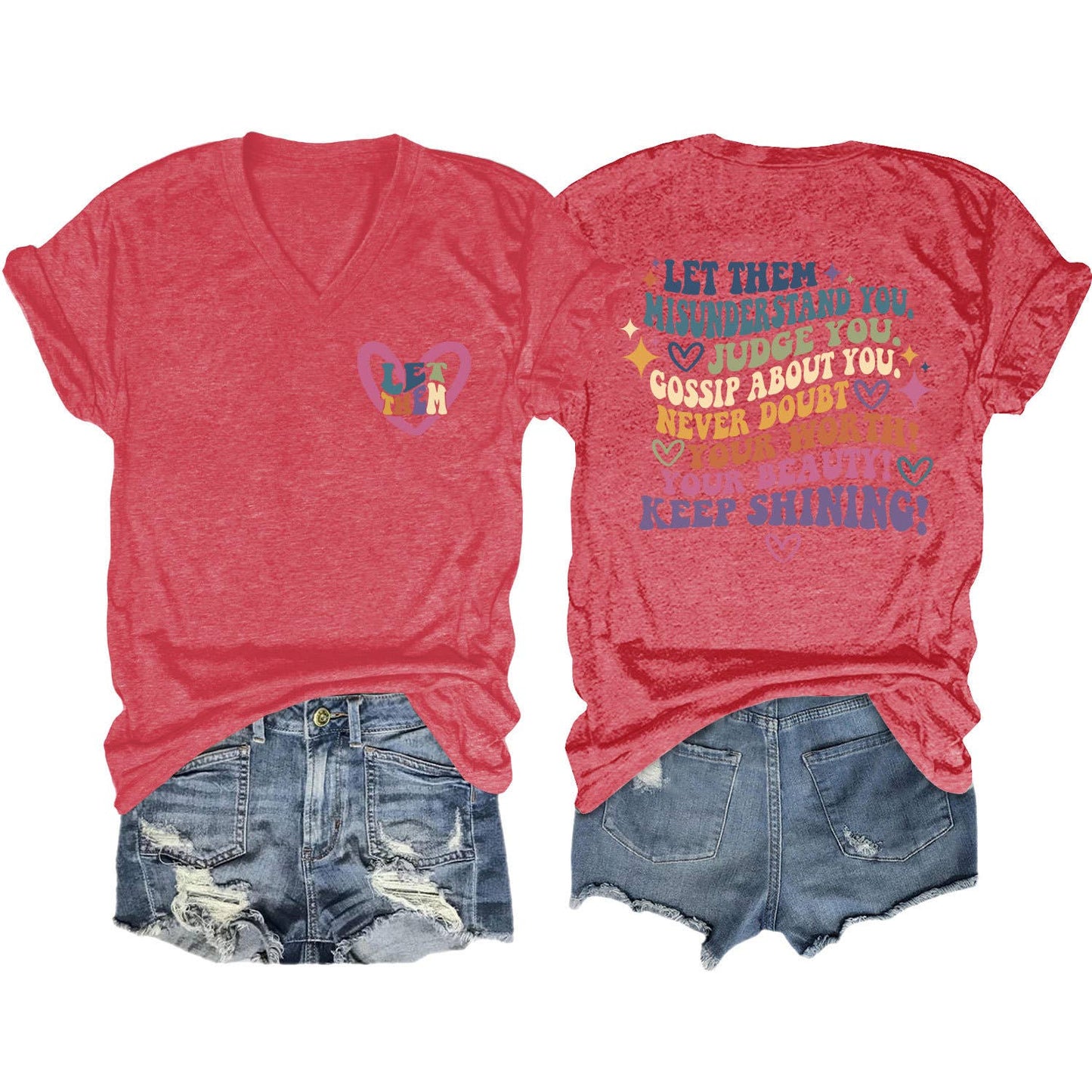 V-neck and fun letters Elegant women's T-shirt