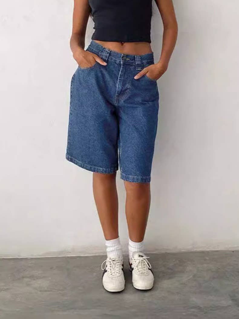 Washed non-elastic casual five-inch jeans