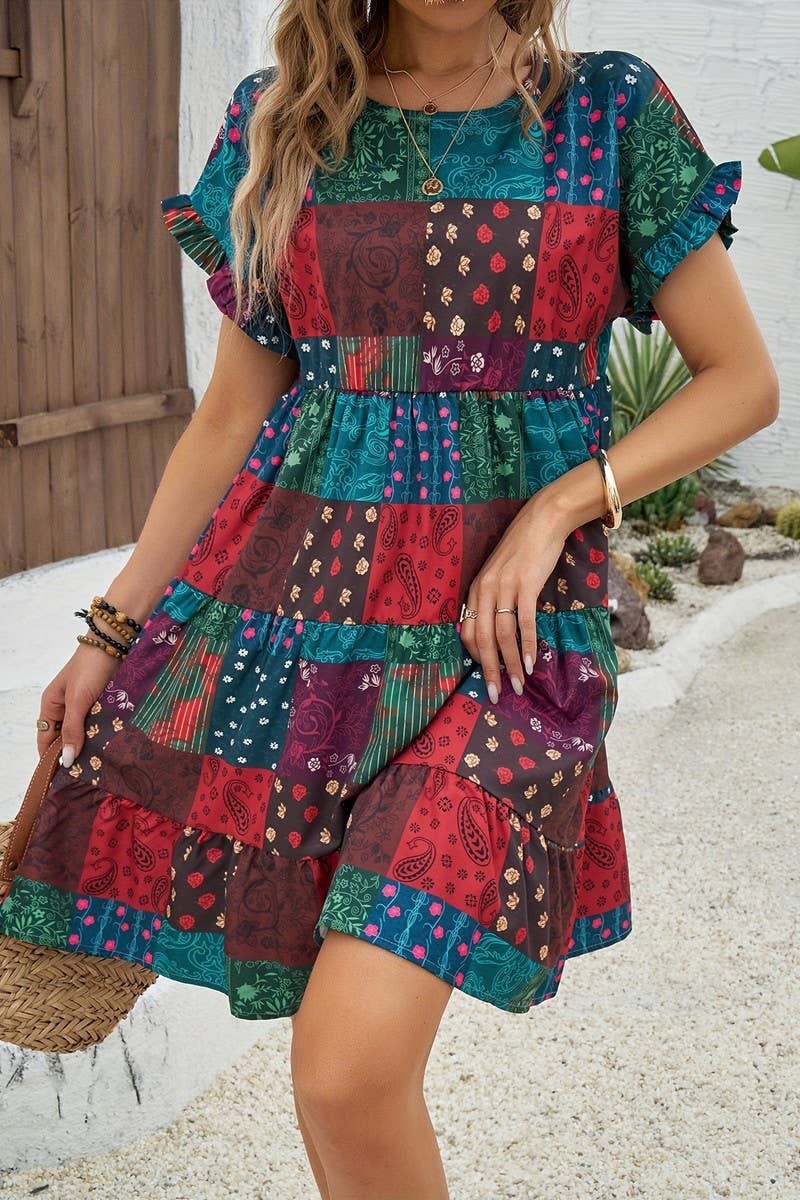 CWDSD10878_RUFFLE SLEEVE KNEE LENGTH VACATION DRESS