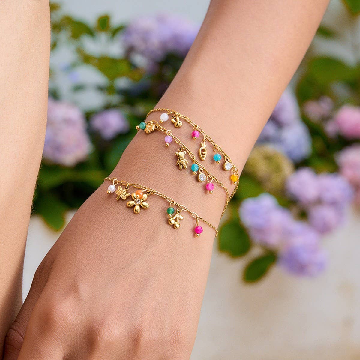 Sweet 18K Gold Puppy Paw & Bear Charm Bracelet