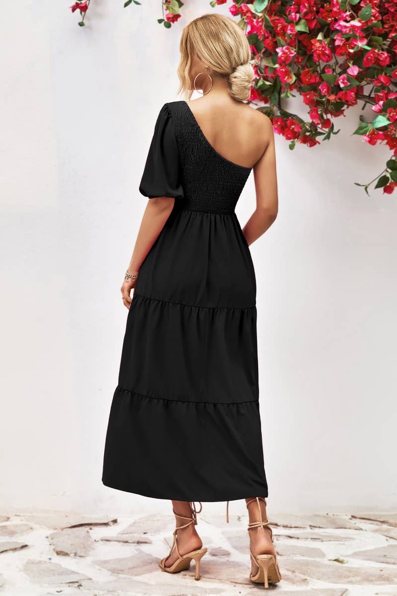 SLANT SHOULDER PUFFY SLEEVE DRESS_CWDSD2635
