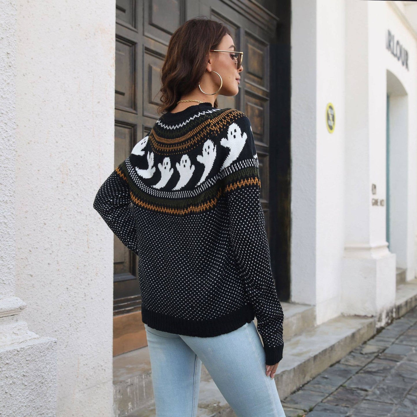 SKULL JACQUARD VINTAGE LONG-SLEEVED KNIT SWEATER