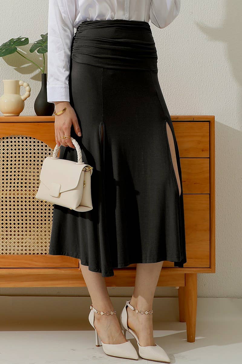 CWBLS120_HIGH WAIST SHIRRED FLOUNCE MAXI SKIRTS WITH SLIT