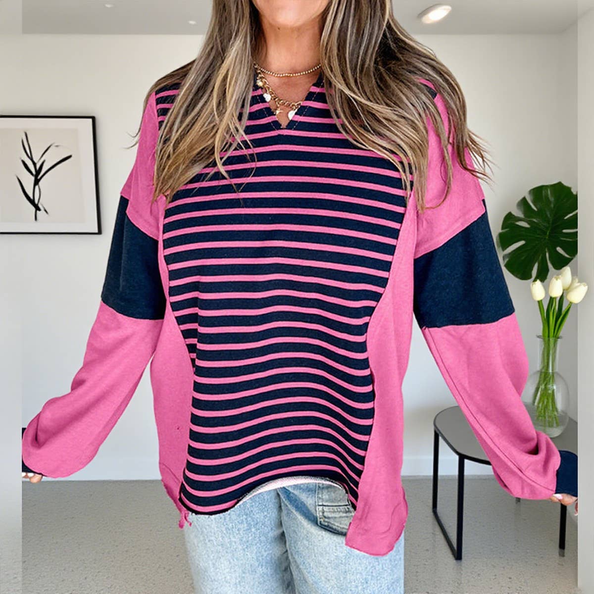 Fashionable striped printed knitted sweater