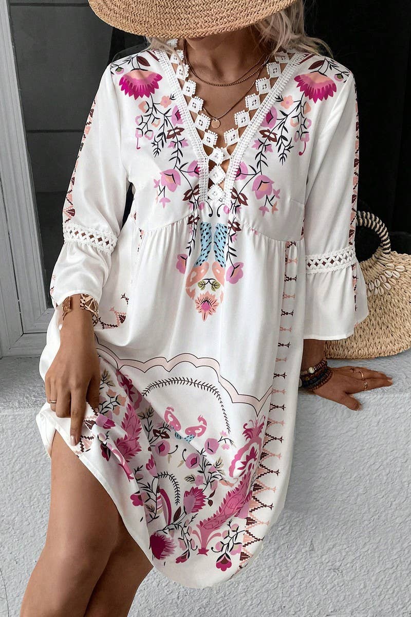 CWDSD8671_SUMMER V-NECK LACE STITCHING CASUAL DRESS