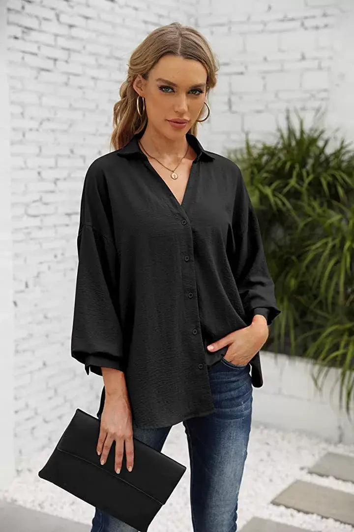 LANTERN SLEEVE BUTTON V-NECK CHIFFON CASUAL SHIRT