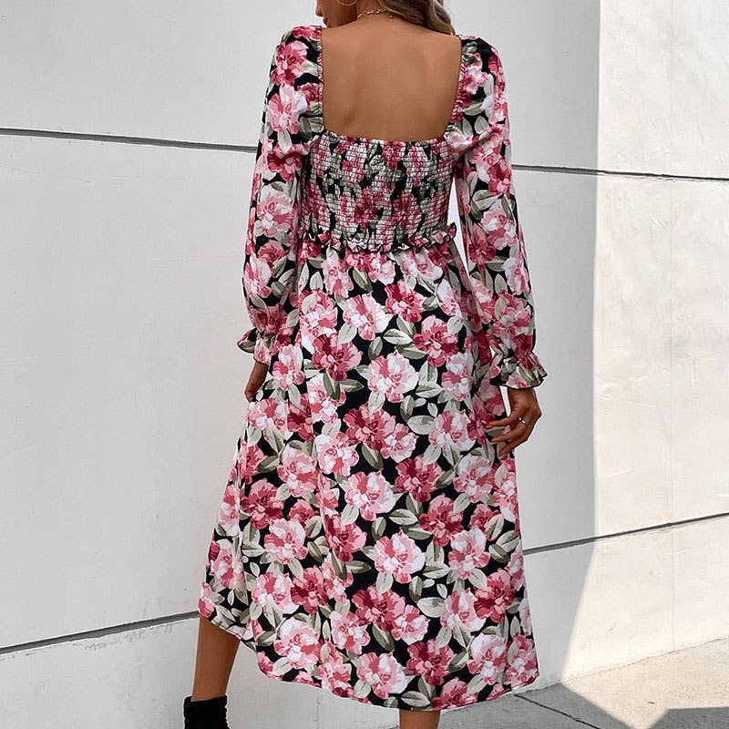 LONG-SLEEVED SQUARE COLLAR PRINT SPLIT DRESS