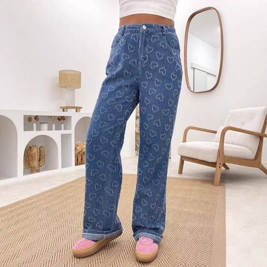 Heart crochet denim relaxed straight pants